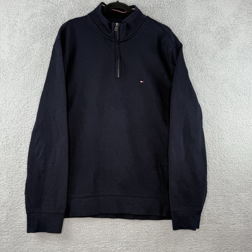 Tommy Hilfiger Men's Navy Blue Sweater Quarter 1/4 Zip Up Knit Flag Logo Size XL